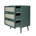thumbnail image 5 of Rattan Nightstand, Wood Bedside Table with 3 Drawers, Ventilated Storage Cabinet with Solid Wood Legs, Rattan Dresser for Bedroom, Living Room, Anti-Tipping & Moisture-Proof, Dark Green + Natural Tone, 5 of 9