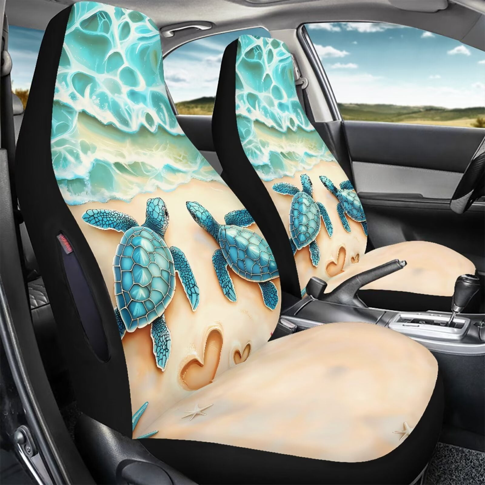 Binienty Beach Sea Turtle Car Seat Covers Front Seats Airbag Compatible Waterproof Auto Seat Protectors Universal Non-Slip Vehicle Seat Covers for SUV Truck Van Sedan