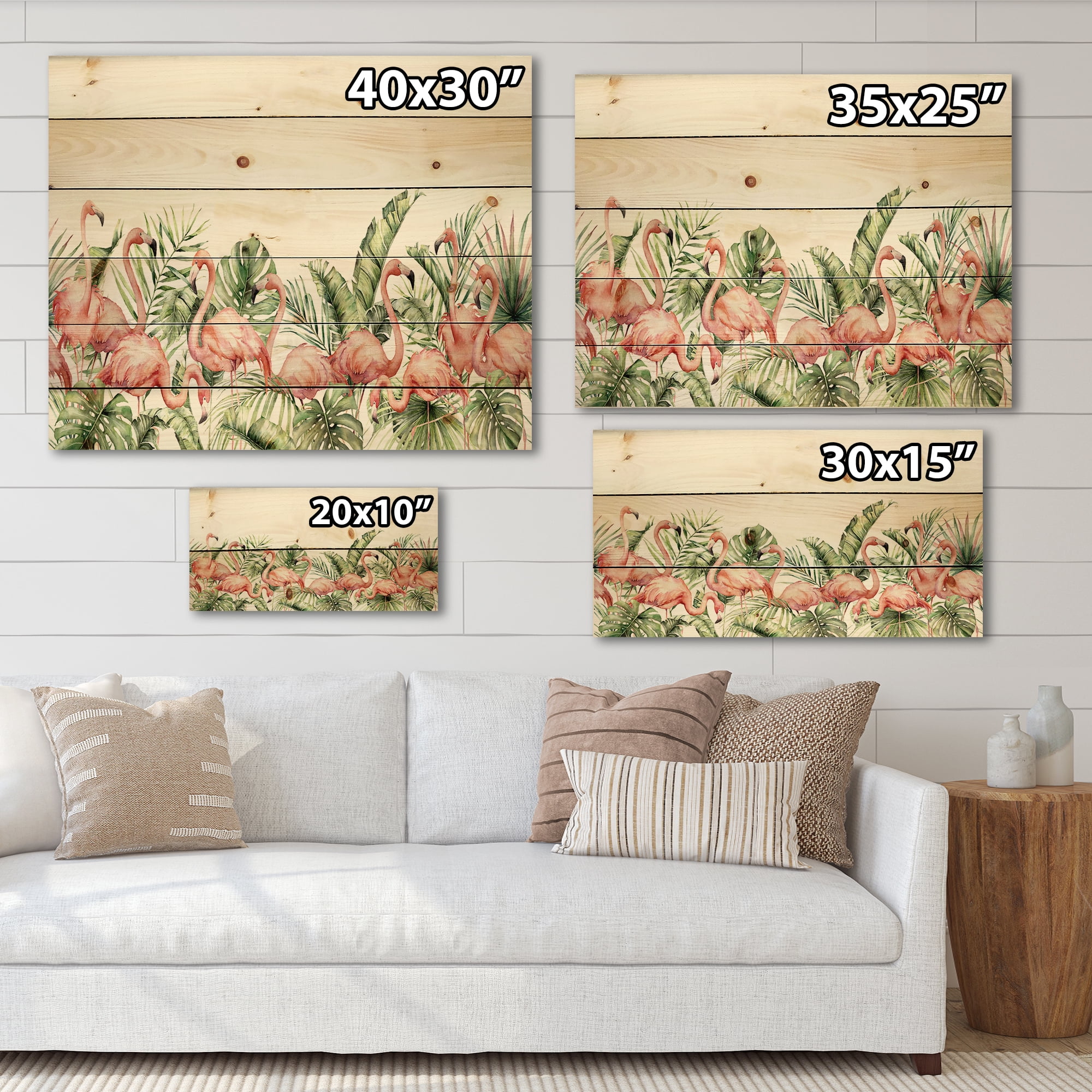 Designart 'Palm Leaves and Pink Flamingos Tropical Birds' Traditional Print on Natural Pine Wood