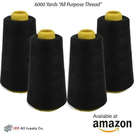 High Strength Thread Lock - 4-Pack of 6000 Yards (EACH) Black Serger Cone Thread All Purpose Sewing Thread Polyester Spools Overlock (Serger,Over lock, Merrow, Single.., By IZO Home Goods