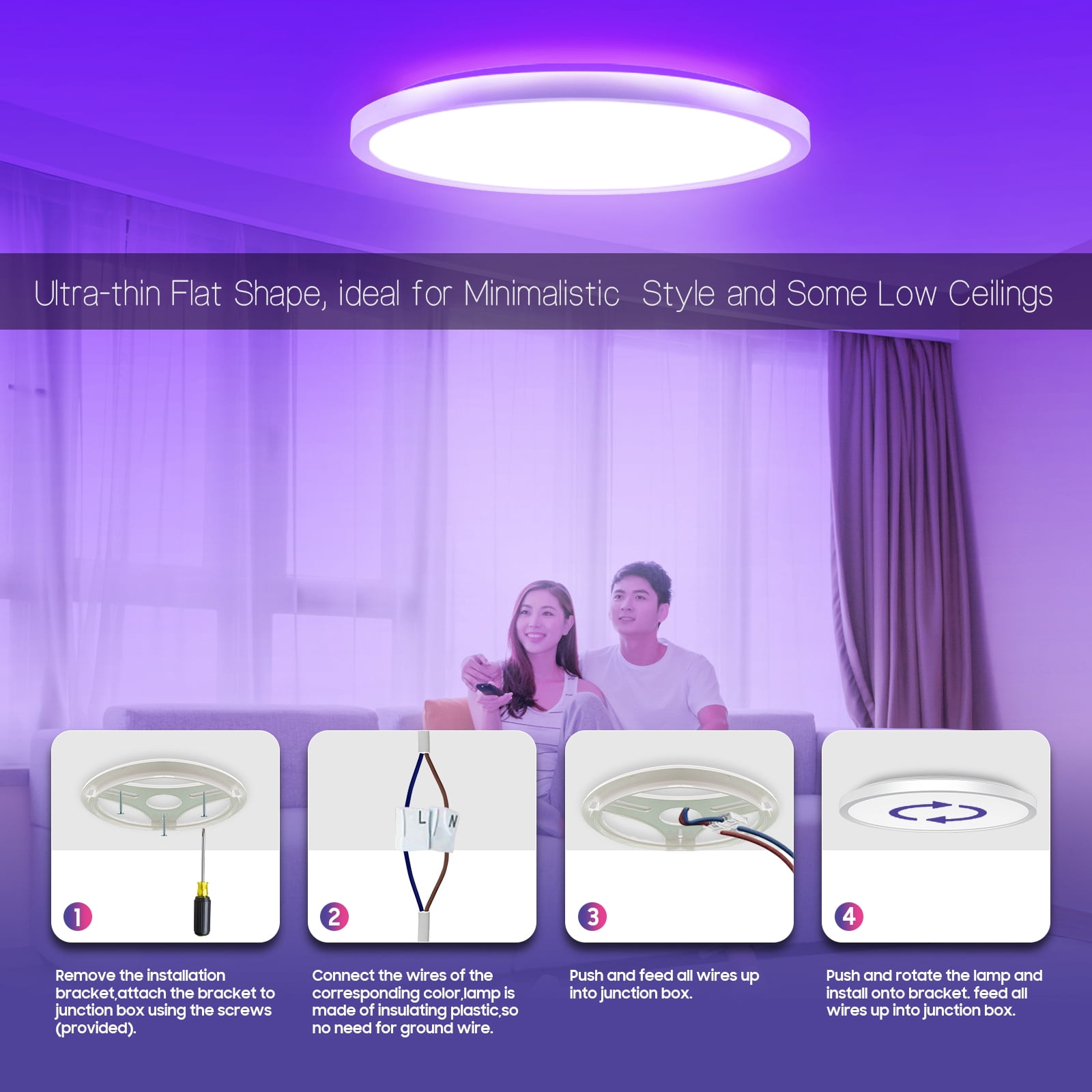 Bright Dimmable LED Flush Mount 12 Inch 24W RGB 3200lm 3000-6500K Ceiling Light With Remote Control For Bedroom Living Room