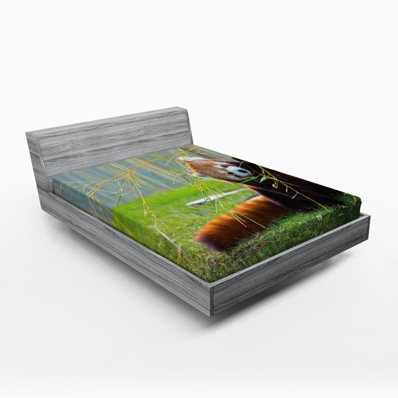 Ambesonne Panda Fitted Sheet, Wild Animal on the Meadow, Queen Size, Brown and Red