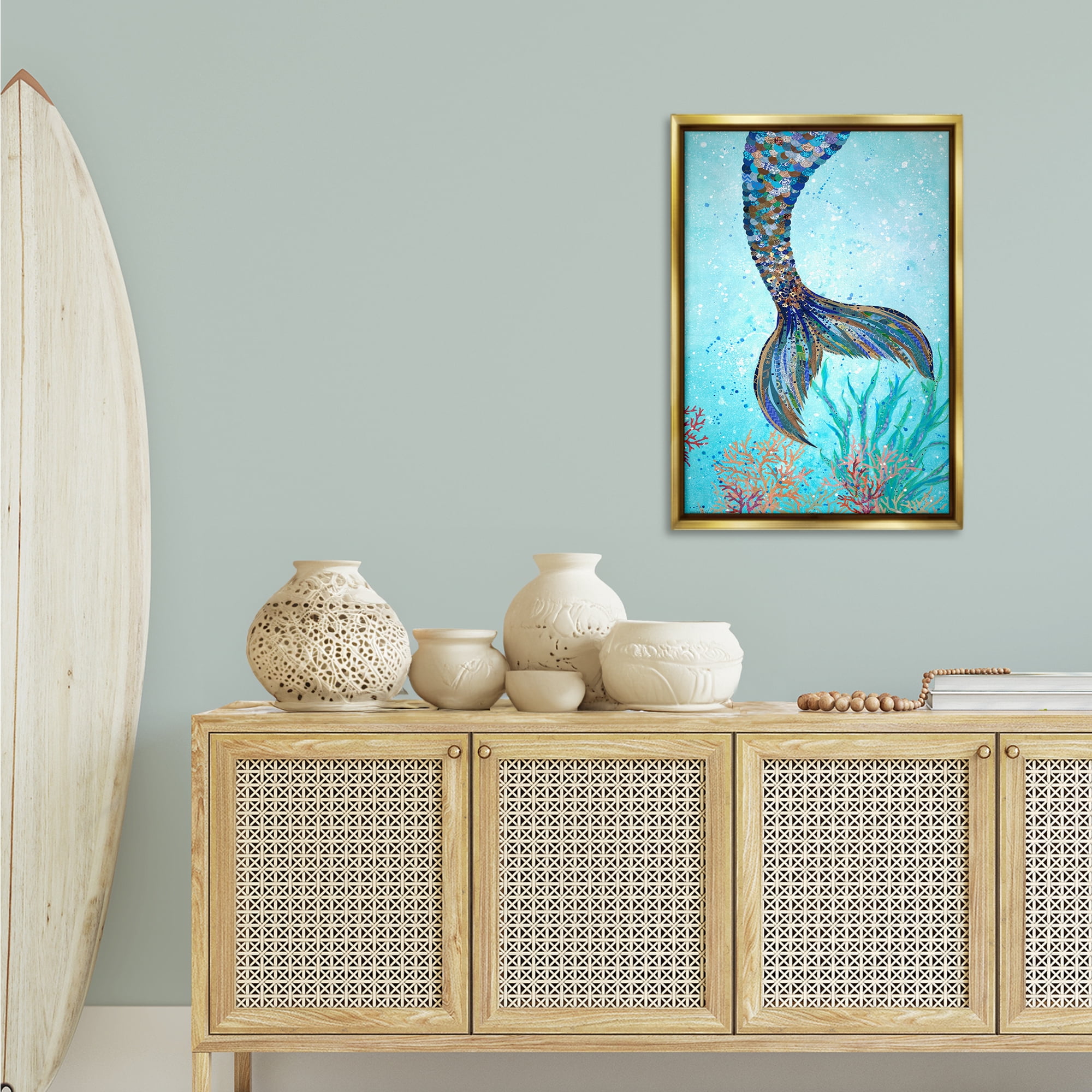 Stupell Industries Tall Tails Mermaid Fairy Tales & Fantasy Painting Gold Floater Framed Canvas Art Print Wall Art, 21 x 31