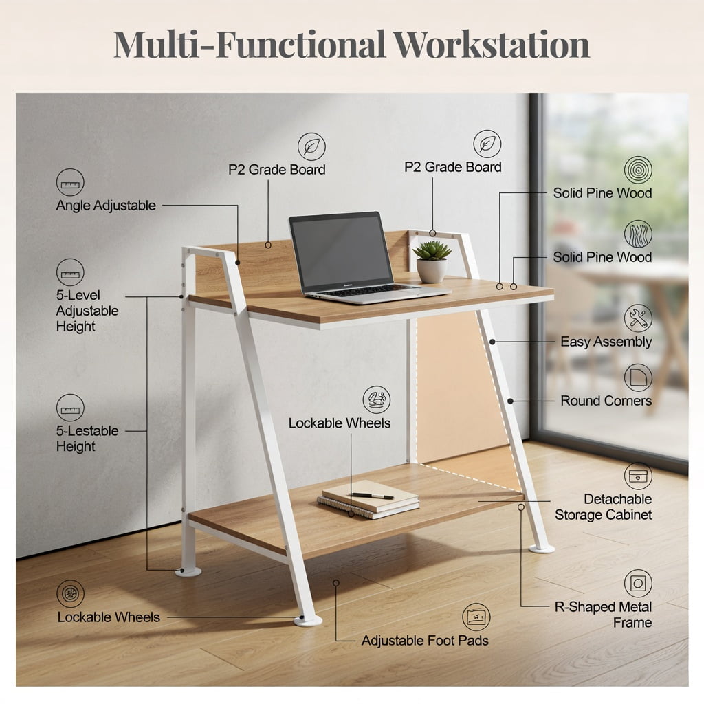 Yardi Yard 2 Tier Computer Desk PC Laptop Table Study Writing Home Office Workstation New-Natural, Computer Desk, Gaming Computer Desks for Study,Working,Writing