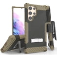 thumbnail image 1 of Tri-Shield Combination for Samsung Galaxy S22 Ultra 5G Case, Nakedcellphone [Military Grade] Rugged Cover with Metal Kickstand [Includes Wrist Strap Lanyard + Belt Clip Holster] - Brown, 1 of 7