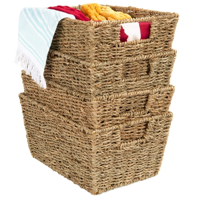 Best Choice Products Juego rústico de 4 cestas de almacenamiento apilables multiusos de pasto marino, bolsas organizadoras de lavandería tejidas a mano para estantes de dormitorio y sala de estar, des