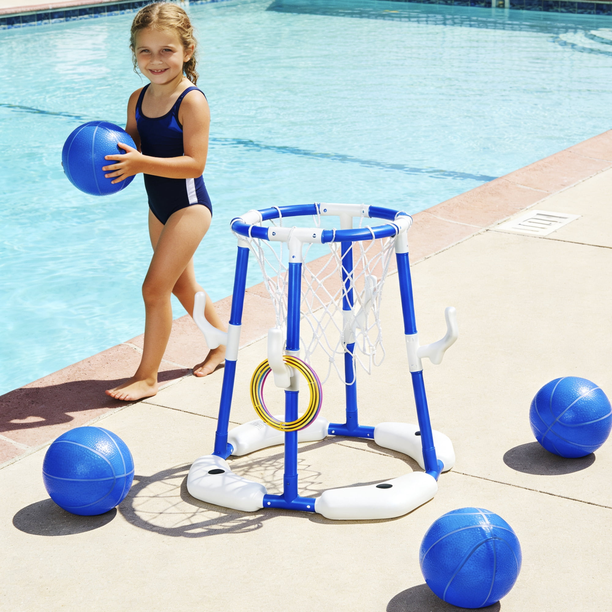 Easy Playhouse: 2-In-1: Pool Basketball Hoop & Ring Toss Game - Blue Floating Water Toy Set, Shoot-Toss-Play, 4 Balls, 4 Dive Rings, Pump, Family Kids