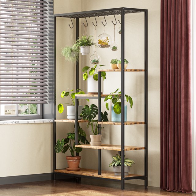 Indoor Plant Stand 5-Tier Tall 70.9", Large Metal Plant Shelf with Hanging Hooks, Multi-Purpose Display Rack, Flower Bonsai Pots Organizer for Garden, Balcony, Living Room