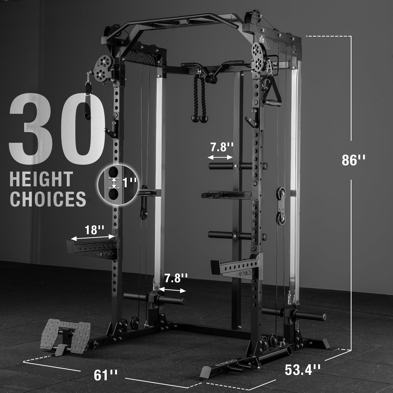 Mikolo Power Cage, Squat Rack with Dual Pulley Cable Crossover System, Multifunction Free Weight Home Gym Workout Machine with Weight Bench and Barbell