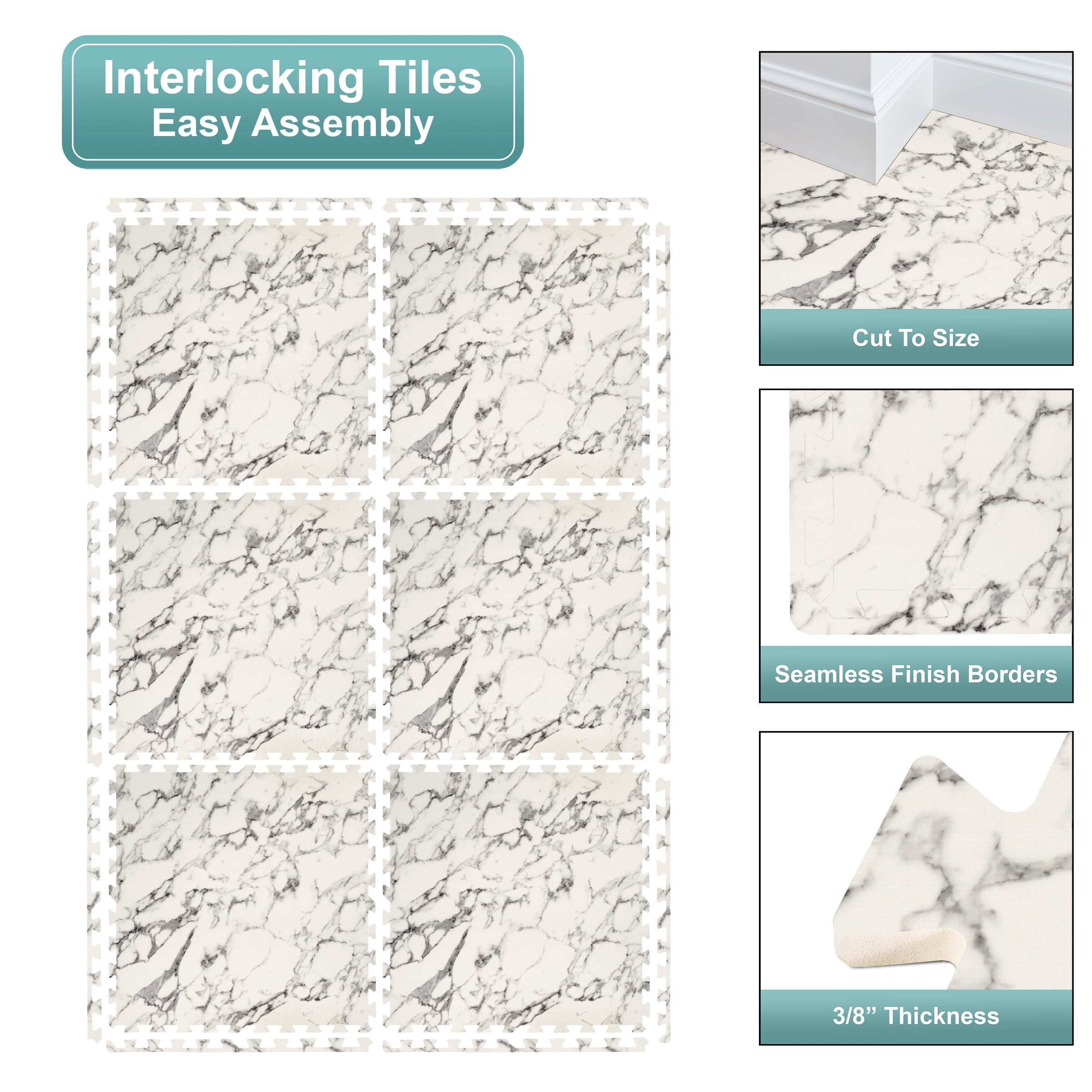 Sorbus Waterproof Wood Grain Foam Floor Tiles, 16 Tiles, 64 Sq Ft, Interlocking, White Marble