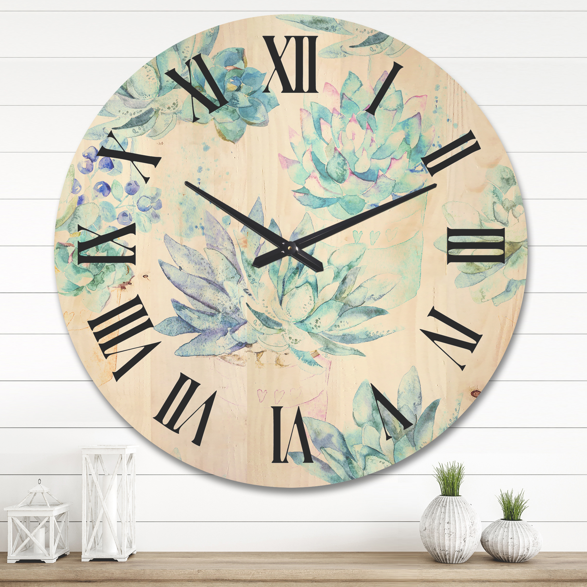 Designart 'Pastel Toned Succulent Housplants in Flowerpots' Traditional Wood Wall Clock