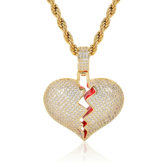 Bubble Letter Broken Heart Necklace & Pendant Charms Chain for Men Real 14K Yellow Gold Hip Hop Jewelry