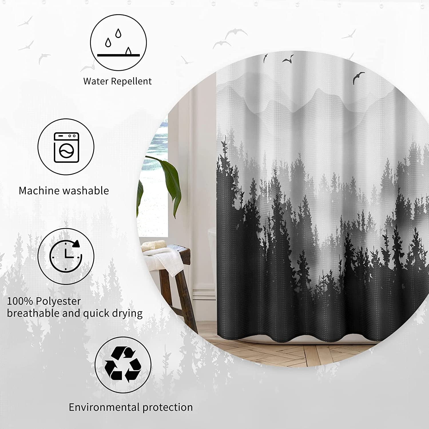 Shower Curtain Green Shower Curtain Mountain Forest Nature Tree Shower Curtain Set Summer Shower Curtains for Bathroom Water Repellent Bathtubs Hotel, 72 x 72 inch, Black Forest
