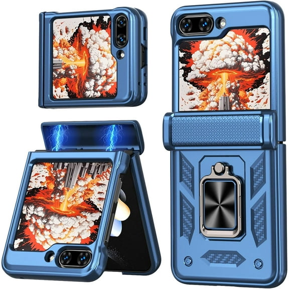 for Samsung Galaxy Z Flip 6 Case with Ring Magnetic Kickstand & Built-in Hinge Protection, Heavy Duty Shockproof Protective Phone Case for Samsung Galaxy Z Flip6. RJ-Blue