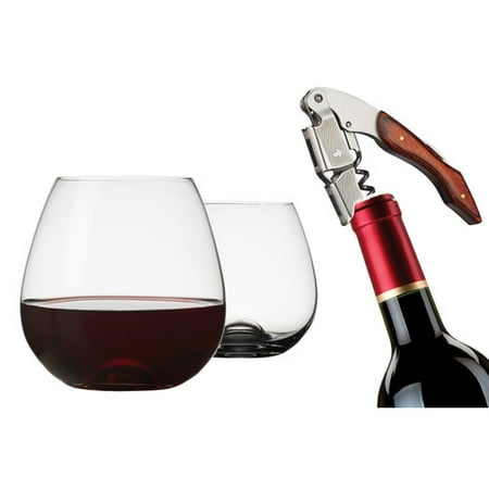 Brilliant Tandem 3-Piece Stemless Wine Glass Set With Wine Bottle Opener