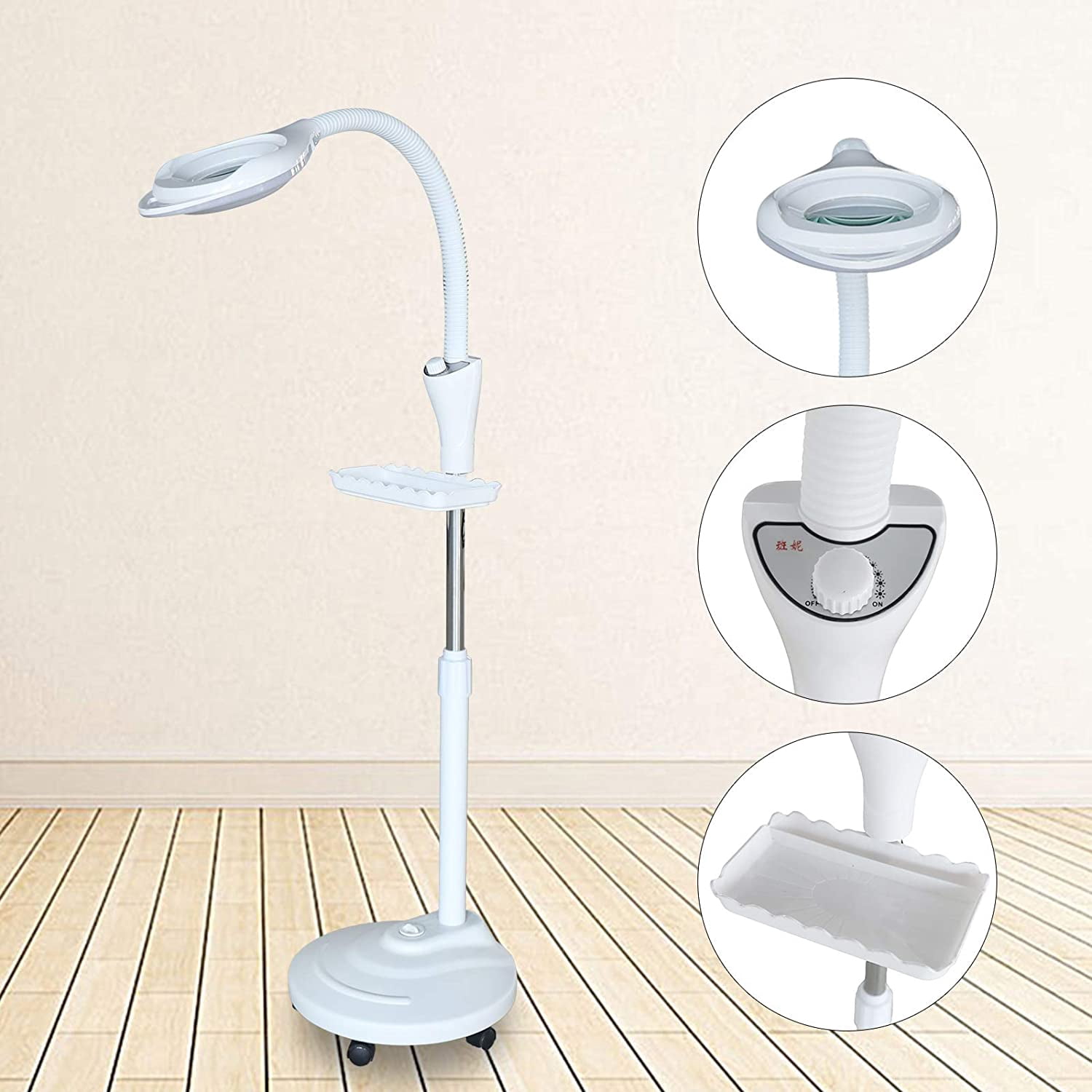 Munsinn 5X Diopter LED Magnifying Floor Stand Lamp Glass Lens Beauty Gooseneck Magnifier 58w W/ Wheel