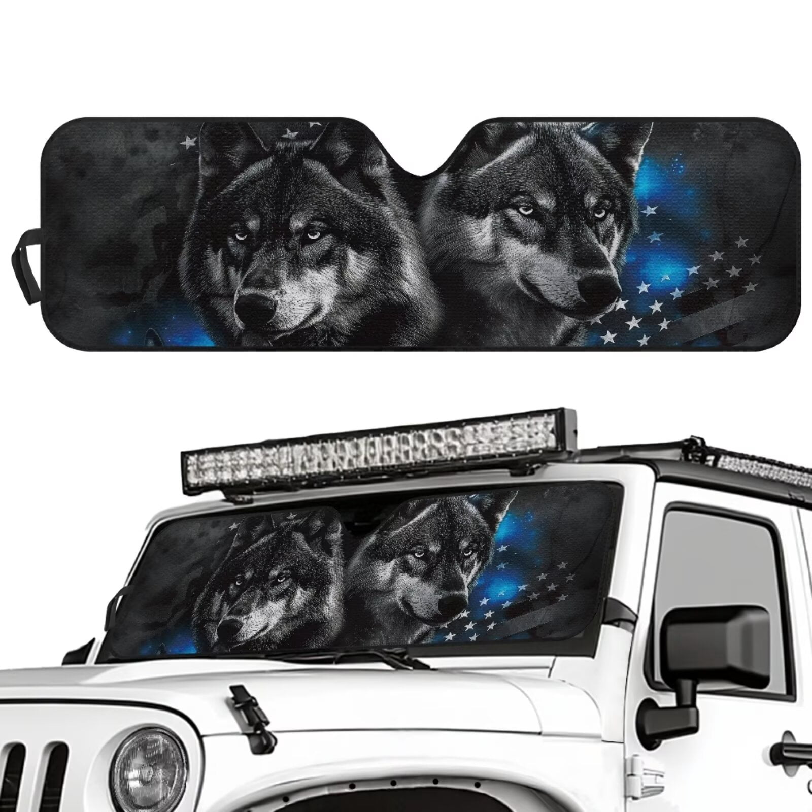 Uorisanigo American Flag Wolf Windshield Sun Shade for Wrangler, Compass, Gladiator & Renegade-Blocks UV Rays Sun Visor Protector,Car Sunshade Keep Your Vehicle Cool - 52.95 x 16.14 inches