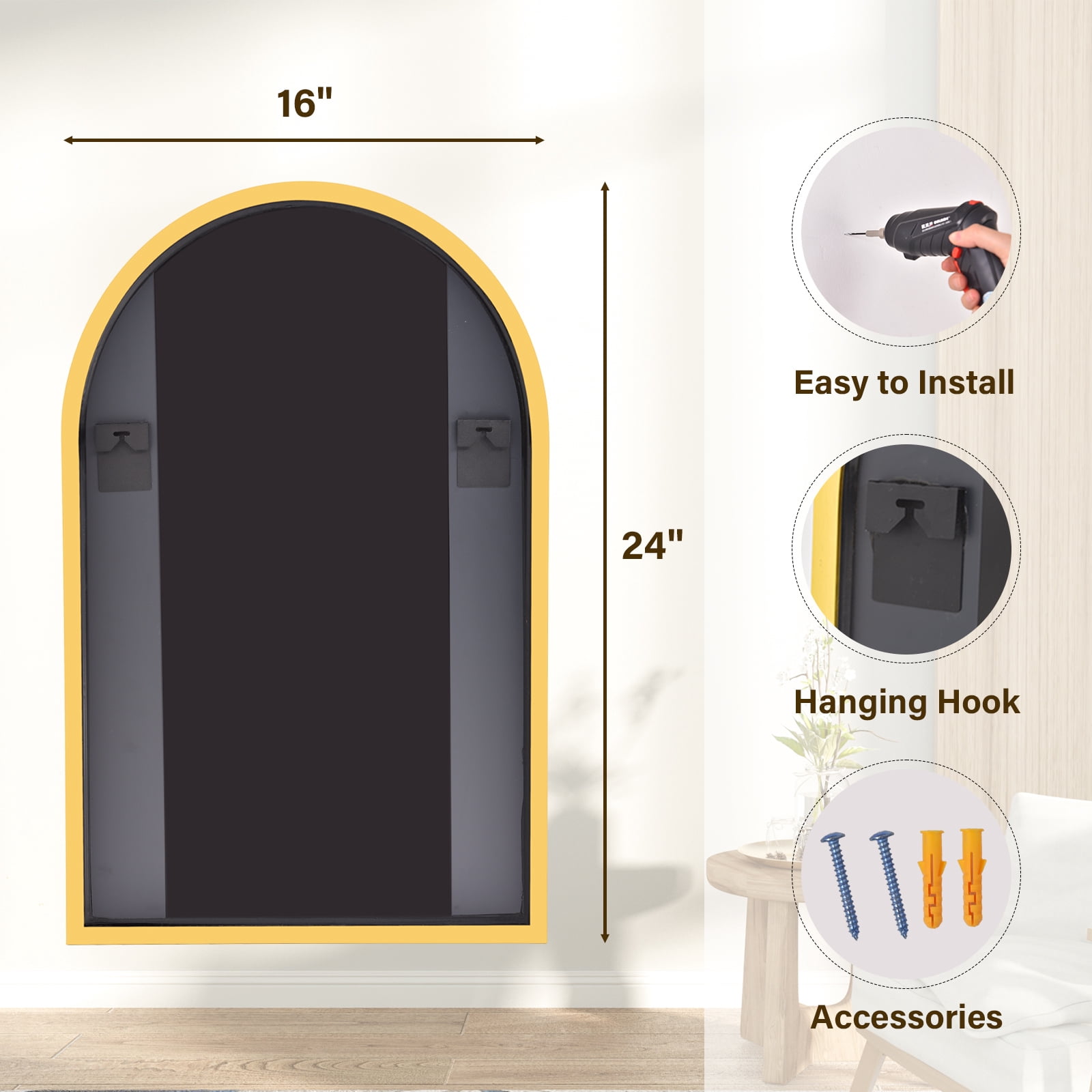 GRAHMY 24"x 16" Arched Bathroom Mirror Metal Frame Vanity Mirror Wall Mounted, Gold