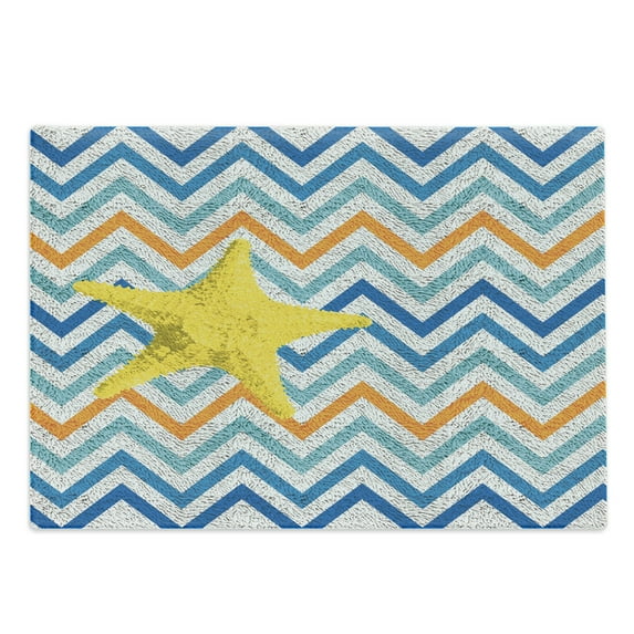 Marine Cutting Board, Modern Nautical Themed Abstract Graphic of Starfish on Blue and Orange Chevrons, Decorative Tempered Glass Cutting and Serving Board, in 3 Sizes, by Ambesonne