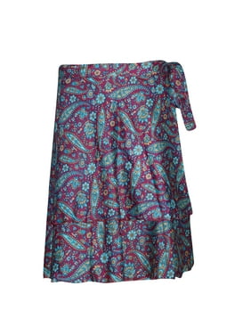 Mogul Silk Sari Wrap Around Skirt Two Layer Reversible Printed Premium Magic Short Skirts