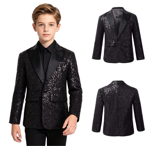 iiniim Boys Shiny Sequins Tuxedo Suit Jacket Coat for Halloween Party Festival Dance 6-16 Black 12