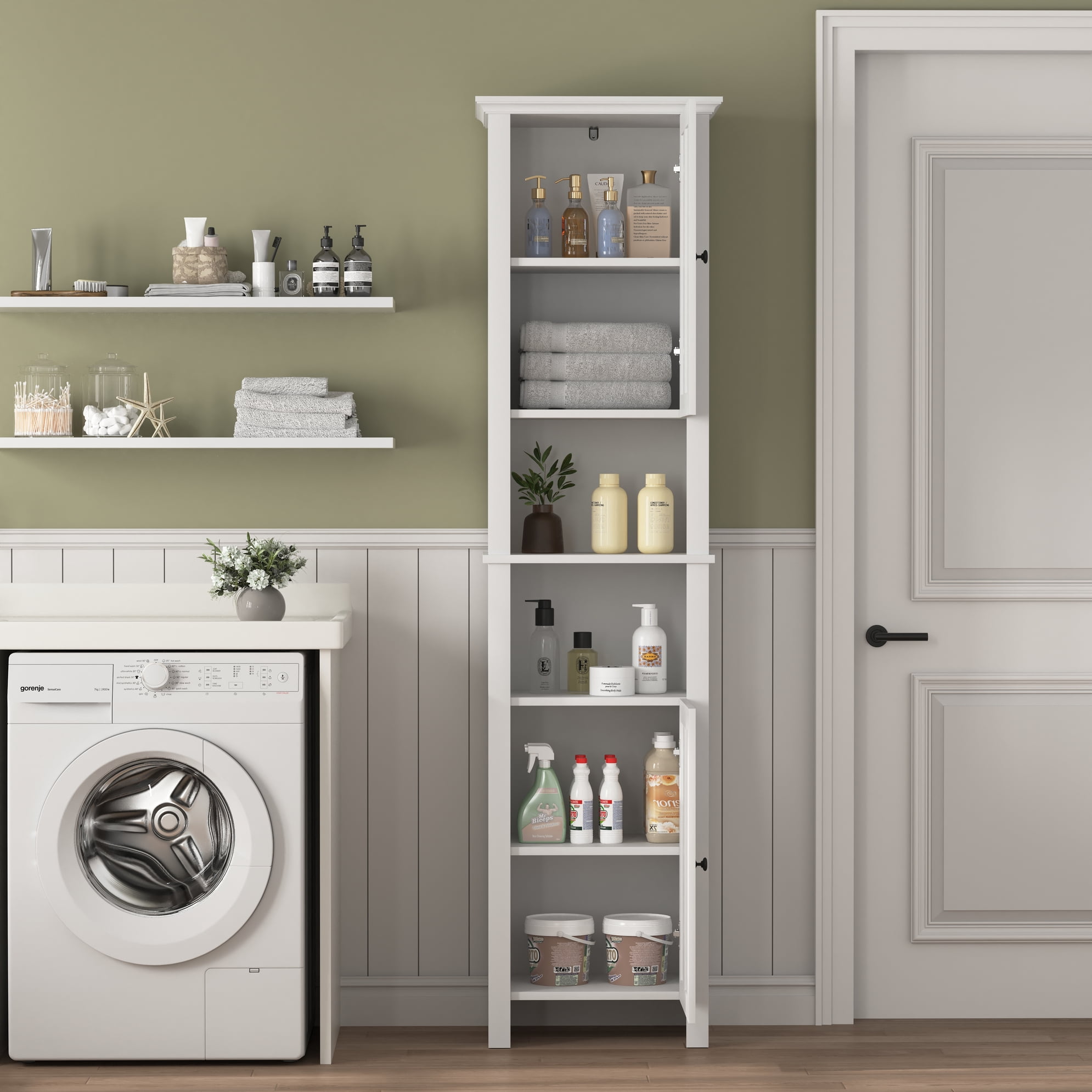 Noble House 66.93" Bathroom Floor Storage Cabinet with Adjustable Shelves, White