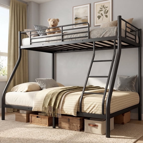 UIOWIO Twin over Full Metal Bunk Bed with Stairs & Storage, Heavy Duty Bed Frame for Adults & Teens, No Box Spring Needed, Black