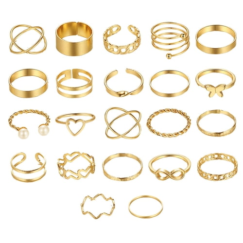 Skymirror 22 Pcs/Set Women Ring Set Hollow Out Faux Pearl Multi Shapes Heart Butterfly Polished Smooth Alloy Commute Stackable Knuckle Ring Finger Jewelry
