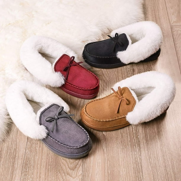 HomeIdeas Women s Faux Fur Lined Suede Moccasin Memory Foam House Slippers Fuzzy Warm Indoor Outdoor Bedroom Shoes Walmart
