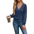 thumbnail image 2 of Blusas de Larga con Cuello en V para Mujer, Elegantes, Informales, de Otoño, con Mangas Abullonadas, Holgadas, Modernas. Azul Marino M, 2 of 9