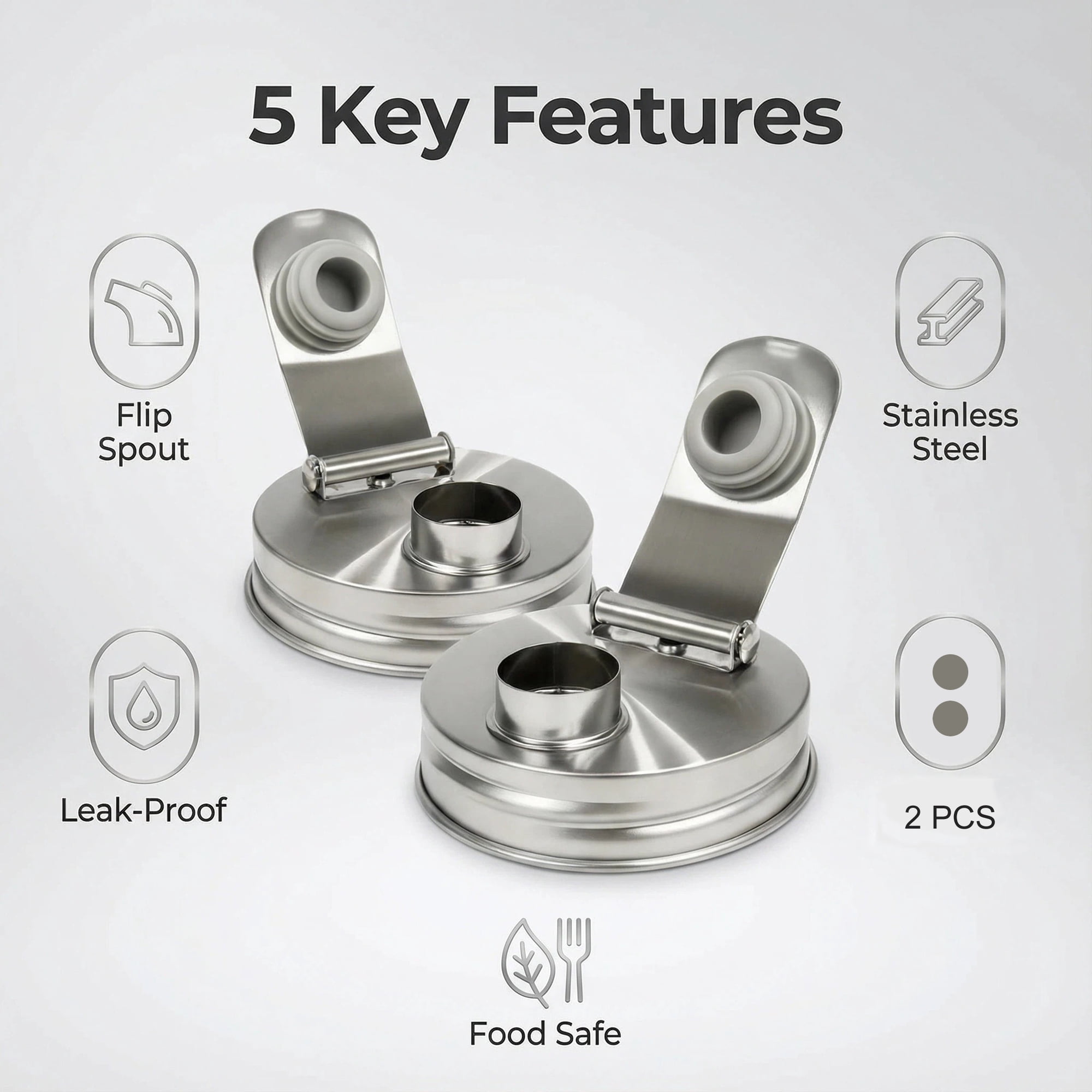 2 Pcs Wide-Mouth Mason Jar Lids With Pour Spout, Stainless Steel Airtight Flip Cap Lids, Leak Proof For Storage Drinking Meal Prep
