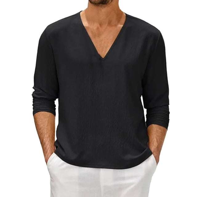 Mens Thin Long Sleeve V Neck Solid Color T Shirt Blouse Casual Loose Tops Tee