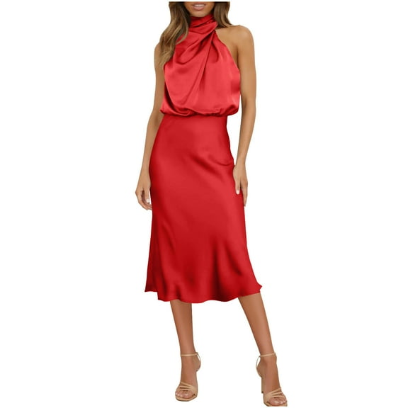 STETMN Women's Satin Dress Silky Elegant Halter Dress Bodycon Cocktail Party Dresses