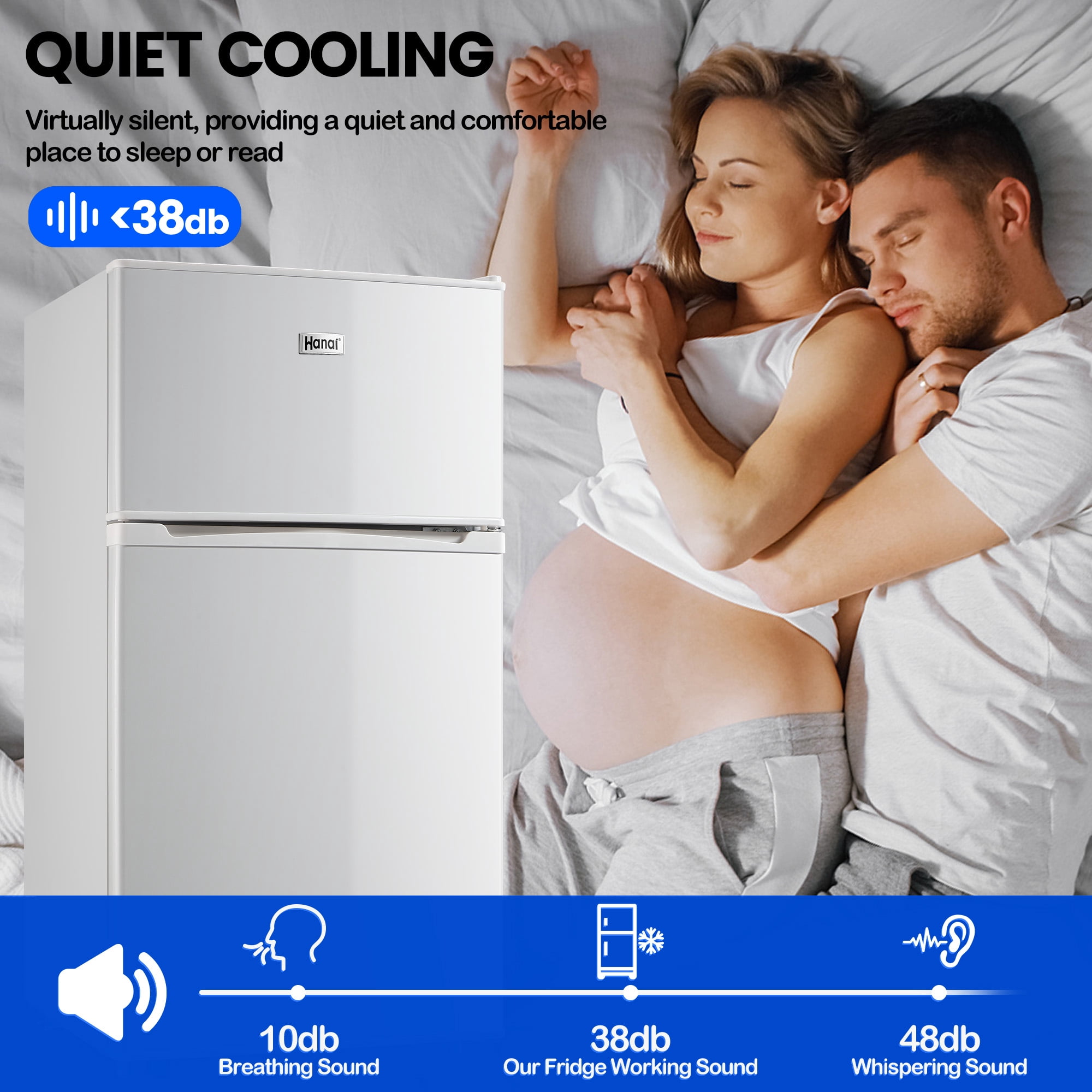 WANAI 3.5 Cu ft Two Door Mini Refrigerator,2 in 1 Mini Fridge with Freezer, 7-Level Temperature Adjustment,with  LED lights,White,for  Dorm/bedroom/office/apartment