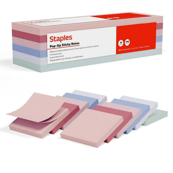 Staples Pop-up Sticky Notes 3" x 3" Ocean Mist Collection 100 Sheets/Pad 18 Pads/Pack (ST62873)
