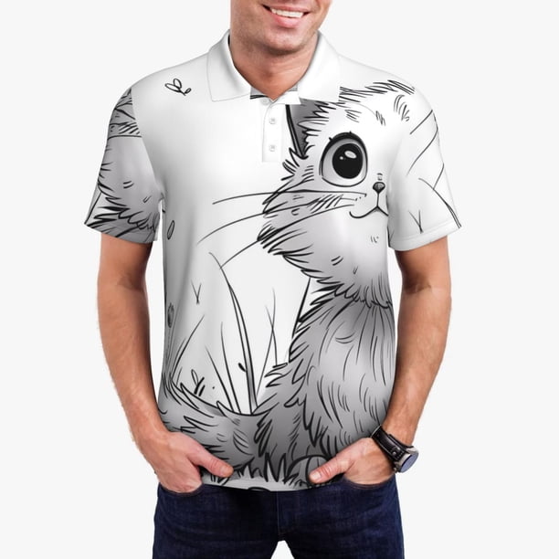 Balery Cute Cat Meadow Sketch Camisa Polo de Hombre con Estampado, de Manga Corta y Tejido Medio, Camisa Tipo Golf Polo-Large