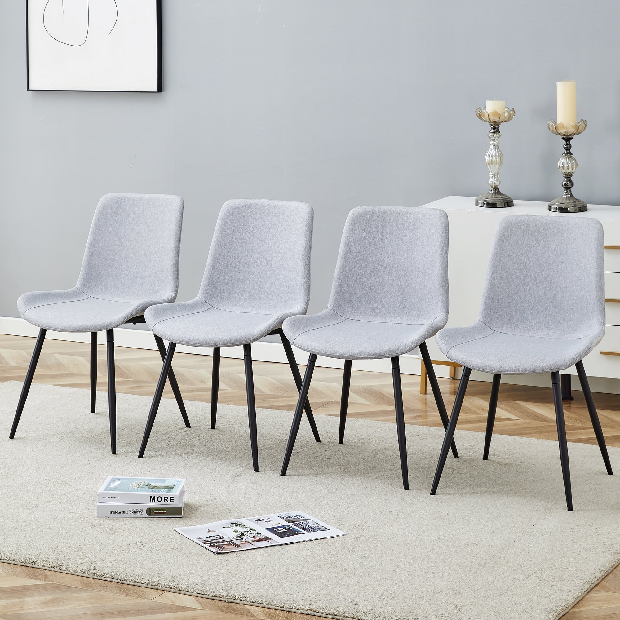TesNus Light Grey Linen-Cotton Dining Chairs Set of 4, Upholstered Modern Seat with Black Metal Legs for Dining Room Kitchen