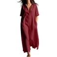 thumbnail image 3 of Noric Women Short Sleeve Cotton Dresses Casual Lapel Collar A-Line Maxi Dress with Pockets Loose Fit Solid Color for Daily Vacation, 3 of 9
