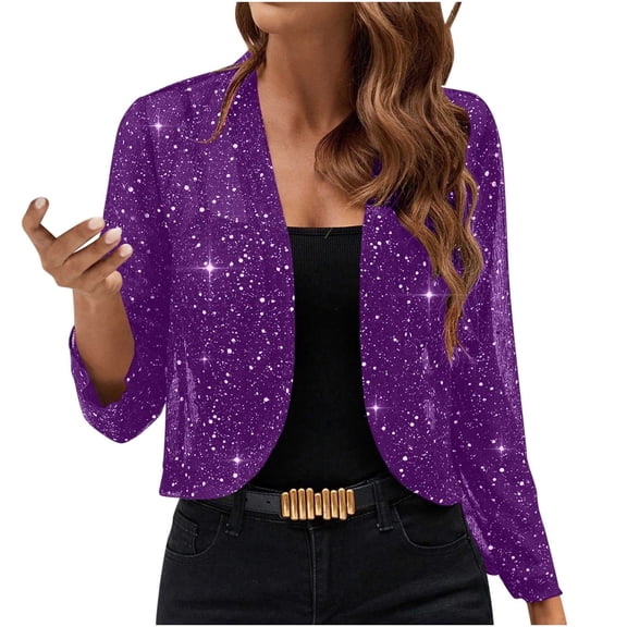 FAVIPT Womens Sequin Bolero Shrug Mesh Thin Elegant Long Sleeve Cardigan Fashion Glitter Evening Party Crop Jacket Blazer Purple,S