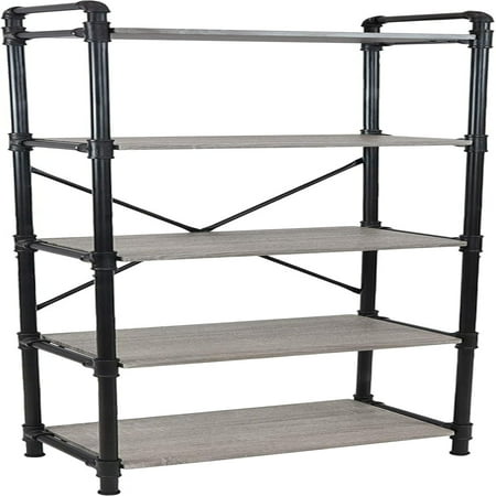 

5-Tier Freestanding Industrial Bookshelf - Black Pipe Style Frame with Wood Veneer Shelves - Oak Gray