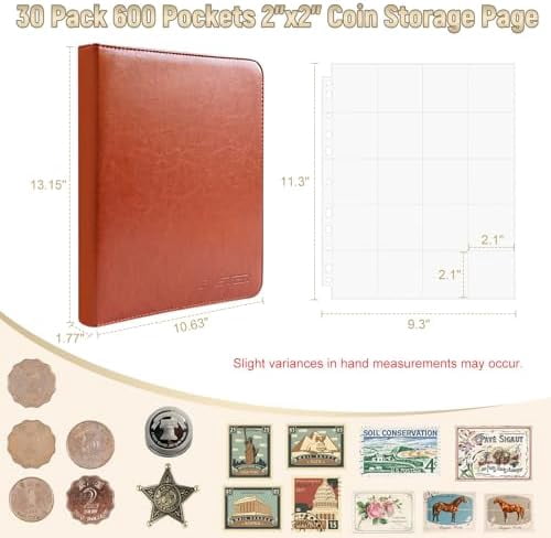 Quivanta Coin Collection Book, 30 Pack 600 Pockets Coin Sleeves, Coin Collection Holder Album, Coin Collection Organizer Storage Box Case (Coin Flips Not Included), Reddish Brown