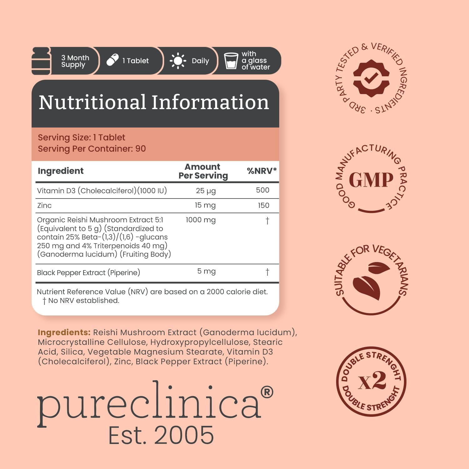 Pureclinica Double Strength Reishi Mushroom 5000mg – 90 Caplets (3-Month Supply) – with Vitamin D3, Zinc & Piperine – 100% Fruiting Body Extract – No Mycelium or Fillers
