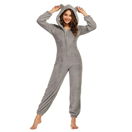

Mubineo Women Thick Plush Sleeping Romper with Bear Ear Hat Long Sleeve Zipper Hooded Jumpsuit for Autumn Winter