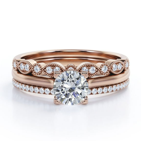 JeenMata 2.25 Carat Round Cut - Art Deco Milgrain Filigree - 4 Prong Pave Set - Solitaire Engagement Ring - Trio Bridal Ring Set - 18K Rose Gold Plating over Silver