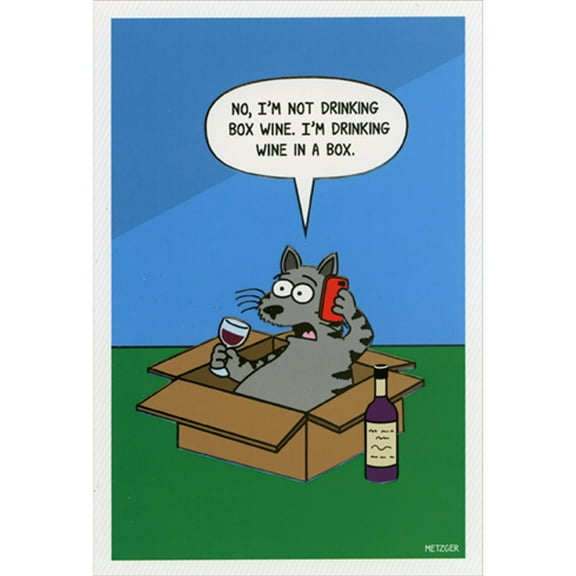 Pictura Cat on Phone and Drinking Wine in a Box Funny / Humorous Birthday Card