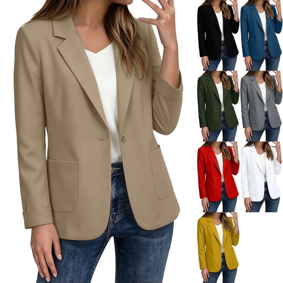 Women's Dressy Long Sleeve Blazer Jacket Tailored Fit Lapel Collar One Button Business Casual Coatigan Suit for Work Office Teacher Outfits, Khaki, XL