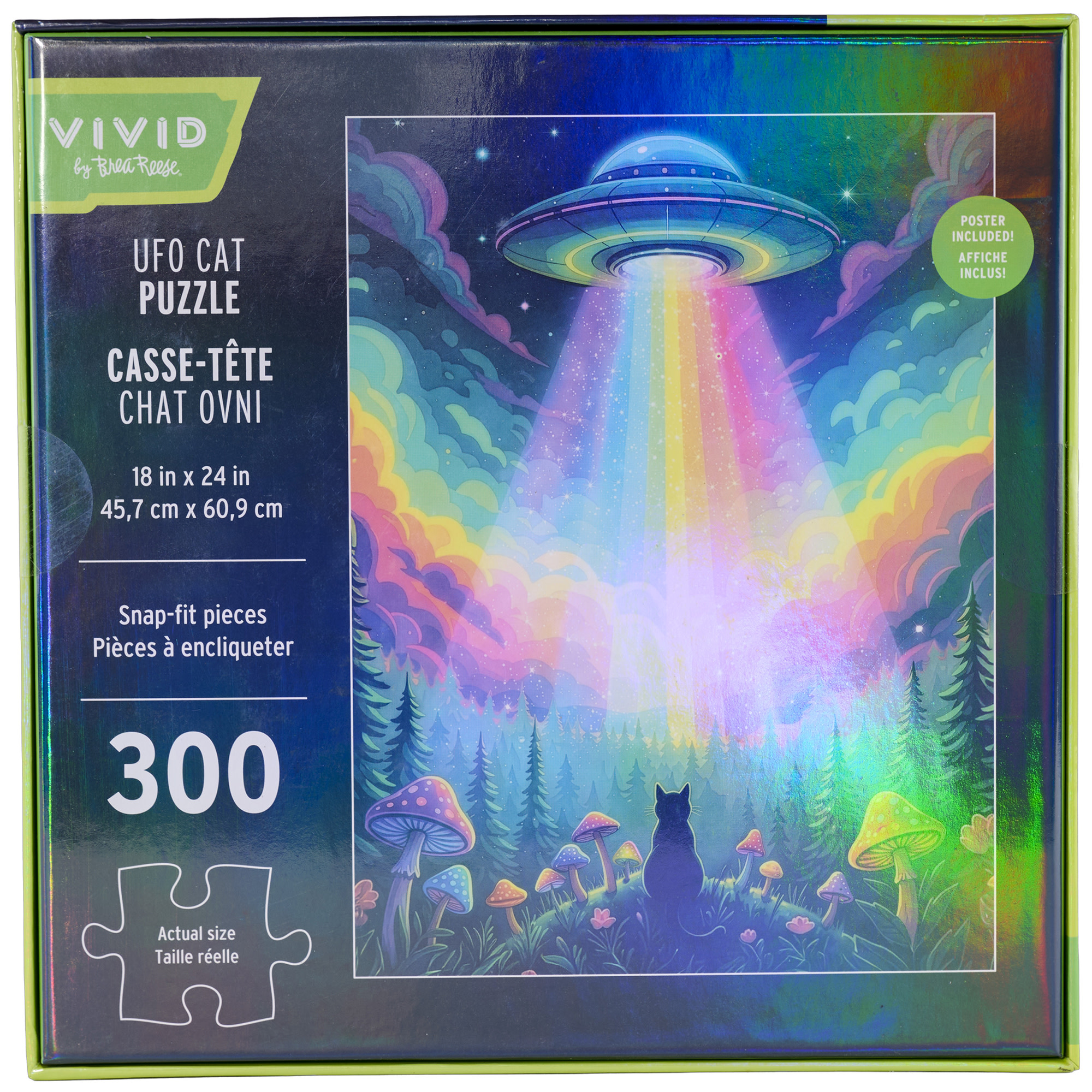 Vivid by Brea Reese: 300 Piece Puzzle - UFO Cat - Beam Me Up Spaceship Landscape Scene Jigsaw, Holographic Foil, Soft-Touch, Image Reference Poster
