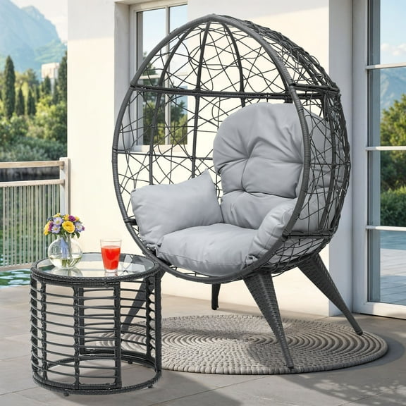 Uforic Outdoor Egg Chair with Table, Cushioned Wicker Chair with PE Rattan Design, Included Table for Patio, Garden, Backyard, Porch, Gray