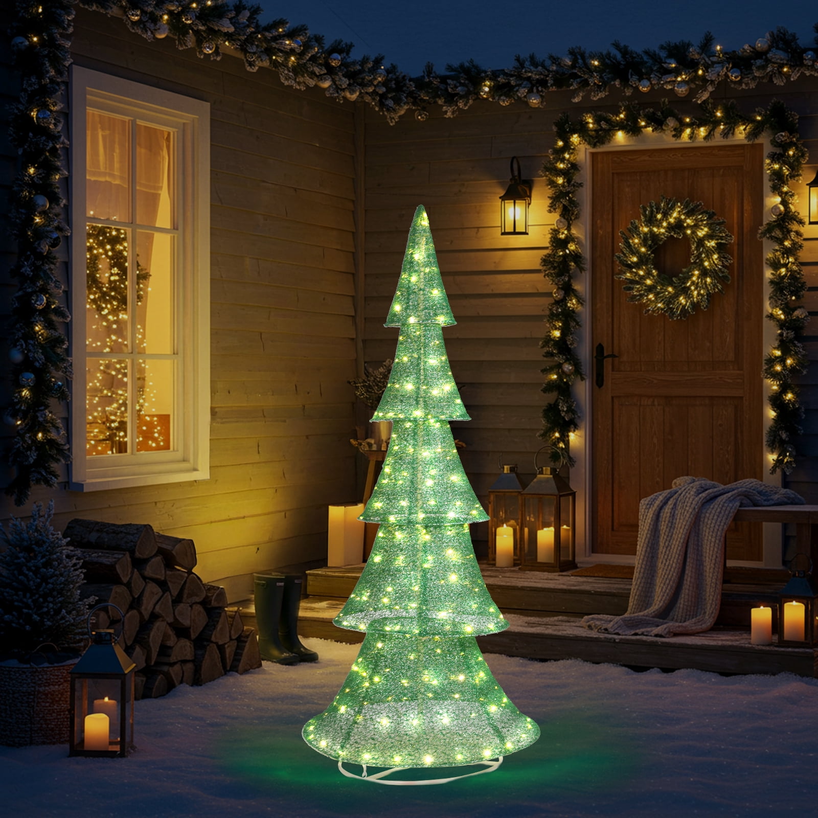 Astoutdoor Lighted Christmas Tree, 6 ft Pre-Lit Pull-Up Tree with 200 Warm White LED Lights, White, Indoor Outdoor Holiday Decoration