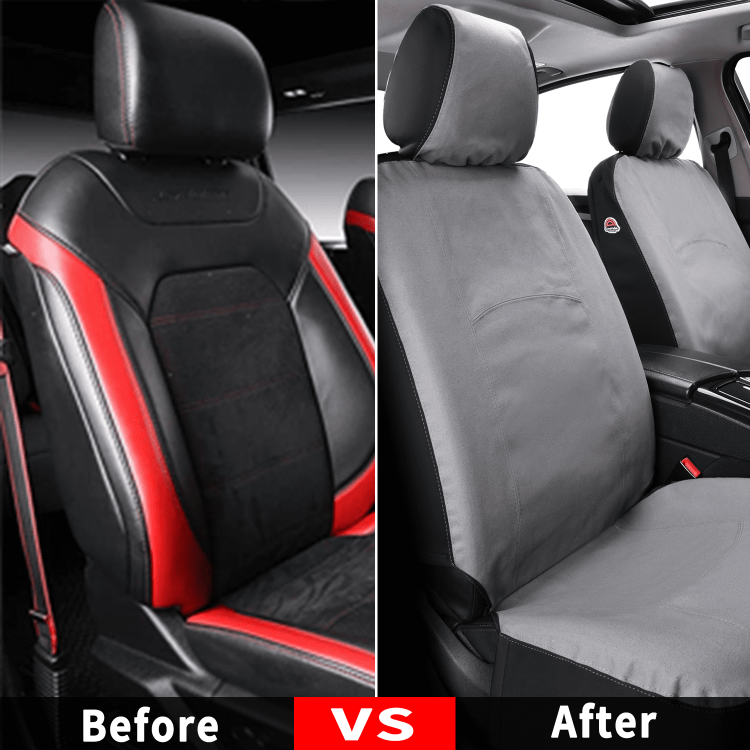 Coverado Front Car Seat Covers 2 Seats, Waterproof Canvas Seat Protectors, Car Seat Cushions for Kids & Dogs, Universal Fit Most Cars SUV Trucks, Gray